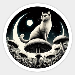 Vintage White Cat in Mushroom Garden Sticker